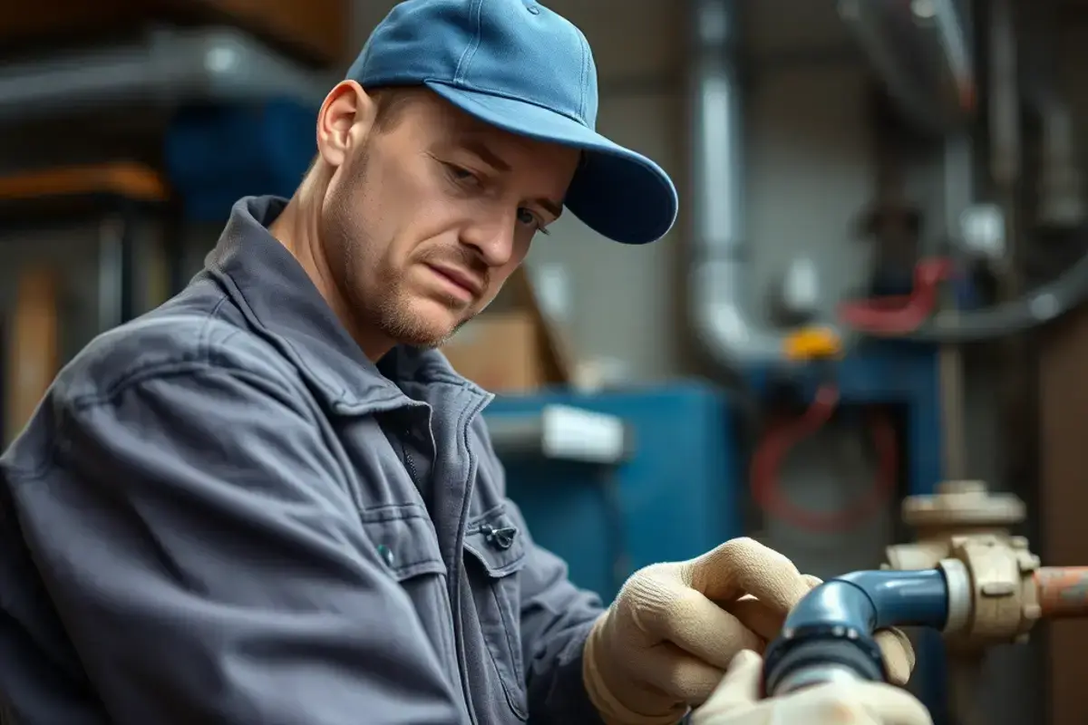 熟練の配管工が作業中